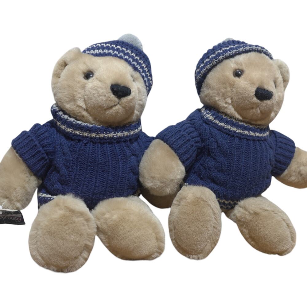 Vintage Carousel by Guy Teddy Bear Pair 1985 Blue Sweater Hat w Advent Calendar - Picture 5 of 14
